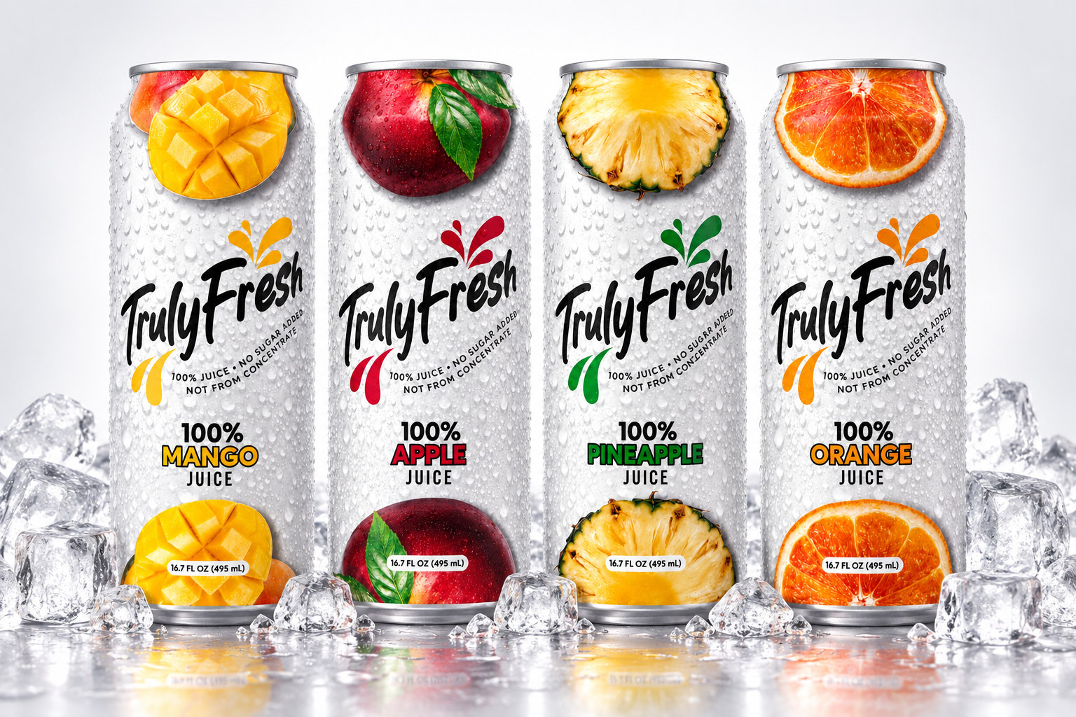 Truly Fresh mango, apple, pineapple and orange juice cans on ice
